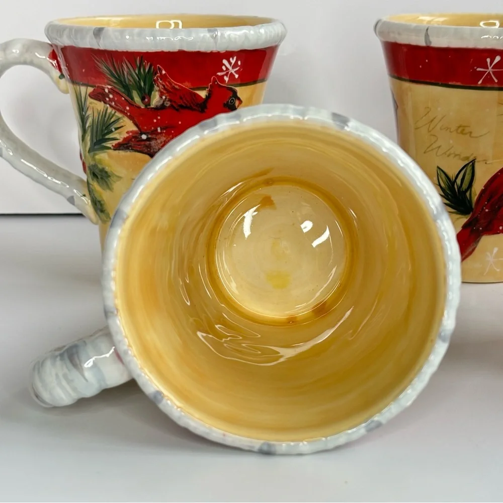 Pier1 Hollybirds Set of Four Winter Holiday Cardinal Birds‎ Coffee Mugs EUC